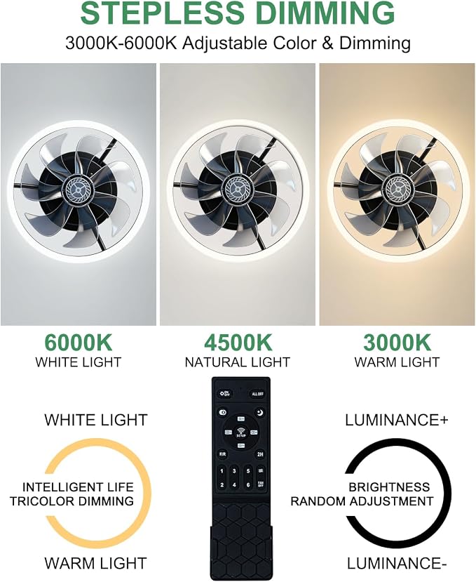 Ceiling Fan with Lights, Low Profile Ceiling Fans with Lights and Remote, Flush Mount LED Fan Light, Modern Bladeless Fandelier for Bedroom Works with APP, 12IN Black