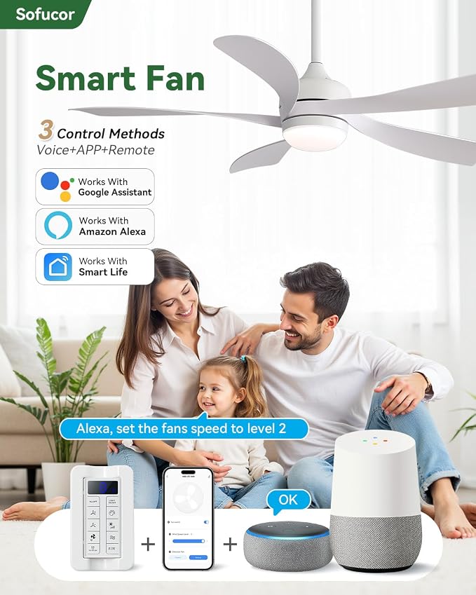 Sofucor 52" Smart Ceiling Fan, Indoor/Outdoor White Ceiling Fans with Lights and Remote, Works with Alexa/Google/App, 3-Color Light 6-Speed Timing Reversible DC Motor for Bedroom Living Room Patio