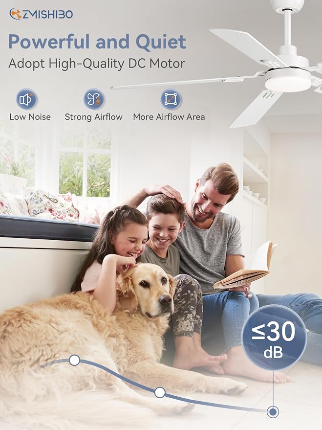 ZMISHIBO 52" Ceiling Fans with Lights, White Modern Ceiling Fan with Remote & App Control, bedroom Indoor Ceiling Fan with Dual Finish Blades, Quiet & Strong Motor, 24W Dimmable Bright LED Light.
