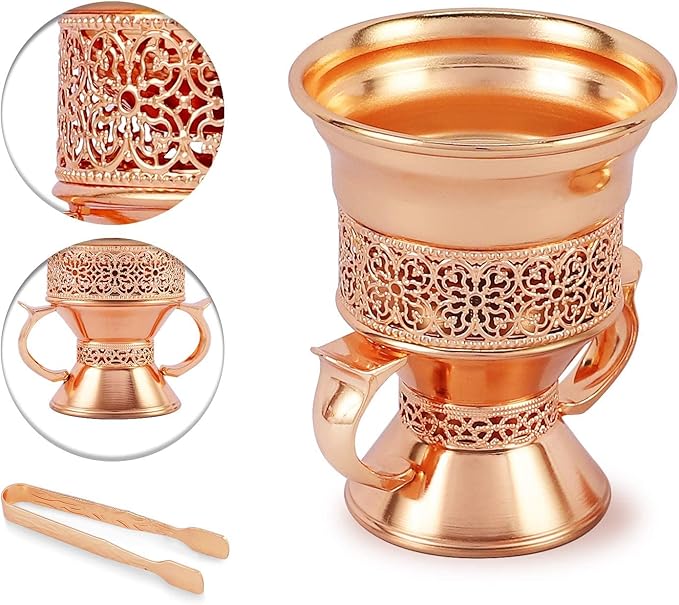 Metal Frankincense Resin Incense Burner, Incense Censer, Portable Bakhoor Burner, Charcoal Bakhoor Burner, Myrrh Burner with Tongs for Yoga, Spa Aromatherapy (Rose Gold)