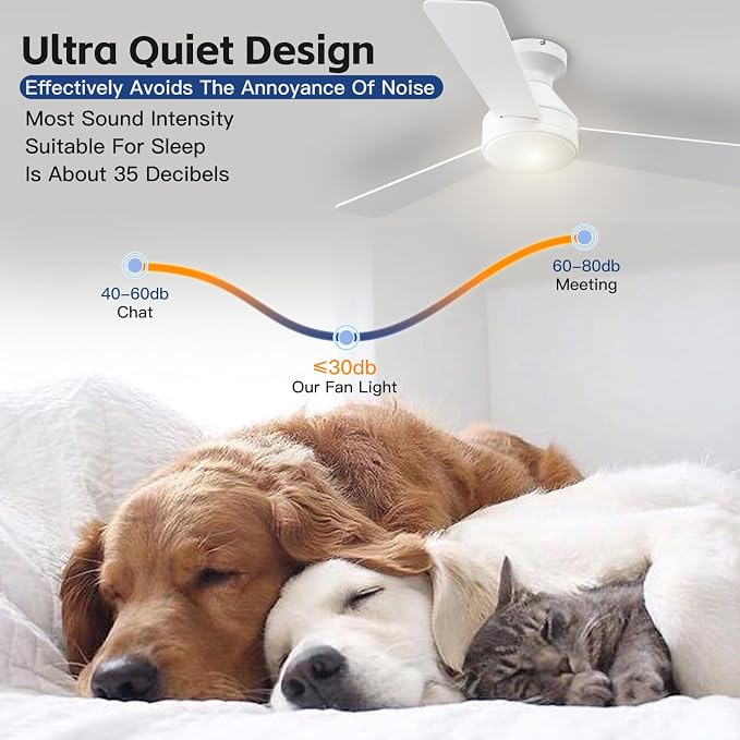 Ceiling Fans with Lights, 42 Inch Ceiling Fan with Light And Remote, 3CCT Flush Moun Low Profile Ceiling Fans, 6 Speed Noiseless LED Ceiling Fan, White Ceilings Fan with Remote for Bedroom Living Room