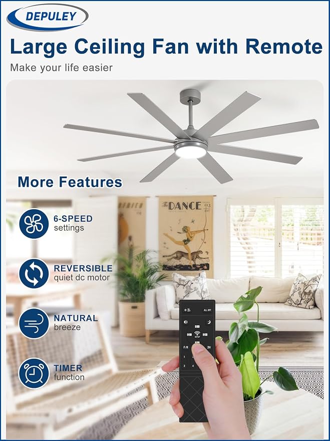 Depuley 66" Ceiling Fans with Lights: Large Indoor/Outdoor Ceiling Fan for Patios Living Room - 8 Blades Silver Dimmable Ceiling Fans with Remote APP Control Timer Reversible Quiet DC Motor 6 Speeds