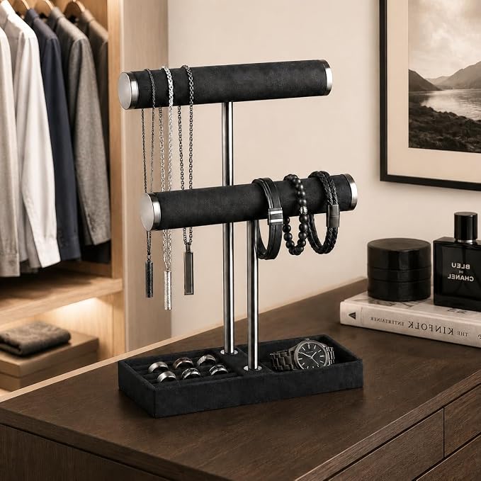 bussdis 2 Tier Bracelet Holder Display, Necklace Holder Organizer, Black | Velvet Necklace Holder | Jewelry Tree | Jewelry Towers | Jewelry Stand Organizer for Necklaces, Bracelets, Earrings, Rings