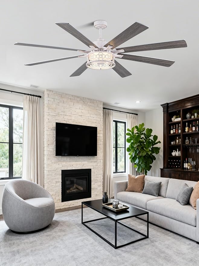 72 in Farmhouse Ceiling Fan with Lights Large Rustic Ceiling Fan | Retro White Caged Fandelier, Industrial Chandelier Light with Remote for Living Room Indoor, Reversible DC Motor 6 Speeds