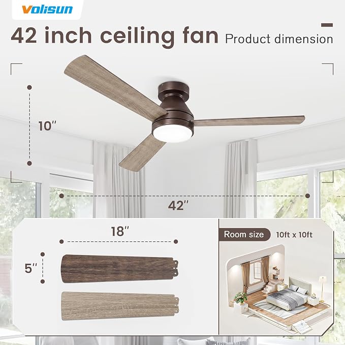 VOLISUN Ceiling Fans with Lights Flush Mount, 42 inch Low Profile Ceiling Fan with Light and Remote, Queit & Reversible Motor,3CCT, Dimmable, Brown Modern Ceilings Fans for Bedroom, Living Room