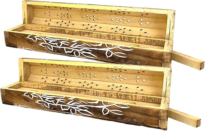 2 Pack Wooden Coffin Incense Sticks Burner - 12 Inches Carved - Storage Compartment (Carved Bird on Branch)