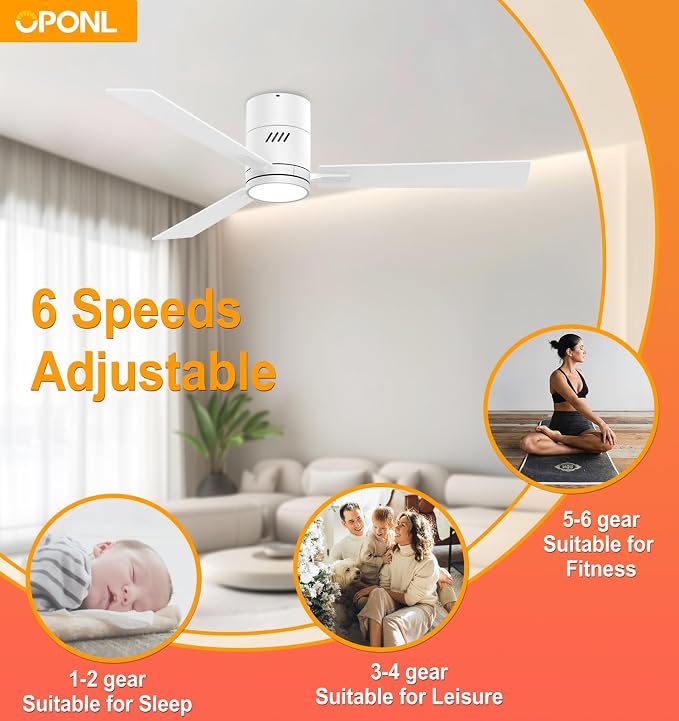 OPONL Ceiling Fan with Light, 52 inch Low Profile Ceiling fan with Light and Remote Control, Reversible, 6CCT, Dimmable, Noiseless, White Ceiling Fan for Bedroom, Indoor/Outdoor Use, Classic