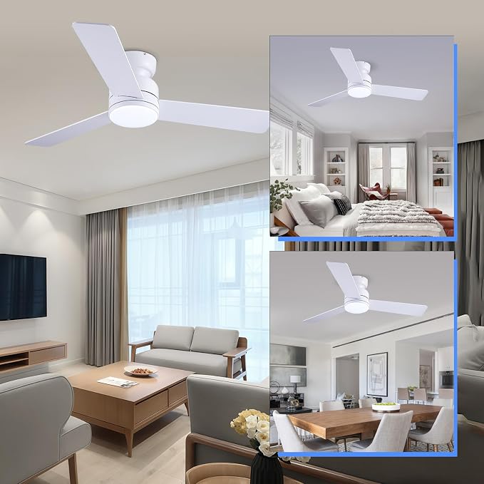 Kviflon 46 inch Ceiling Fans with Lights and Remote/APP Control, Low Profile Ceiling Fan with Light, Flush Mount, 3CCT, 3 Reversible Blades 6 Speeds Modern Ceiling Fan for Bedroom Living Room, White