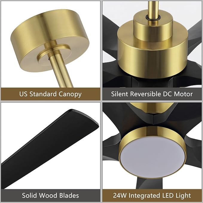 ELEHINSER 60" Modern Ceiling Fan with Light and Remote Control, 5 Solid Wood Blades 6-Speed Noiseless Reversible DC Motor, Ceiling Fan for Bedroom Dinning Living Room, Gold Finish with Black Blades