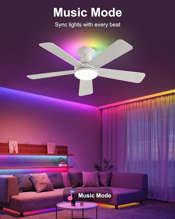 42 Inch Ceiling Fans with Lights, RGB Ceiling Fan with Light, App&Remote Control, Flush Mount Low Profile, Reversible, 3CCT, Dimmable LED, Noiseless, White Ceiling Fan for Bedroom