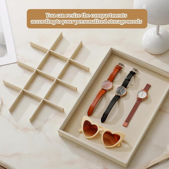 Large Velvet Jewelry Tray 2 Pack Stackable Jewelry Display Drawer Inserts Trays Organizer for Earring Bracelet Necklace Ring (Beige, 12 Grids+24 Grids)