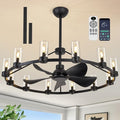 44" Wagon Wheel Chandelier Ceiling Fans with Lights and Remote with APP, 12-Lights Farmhouse Fandelier Fans with Glass Shade, Black Industrial Lighting Fixture for Dining Living Room, Kitchen Island