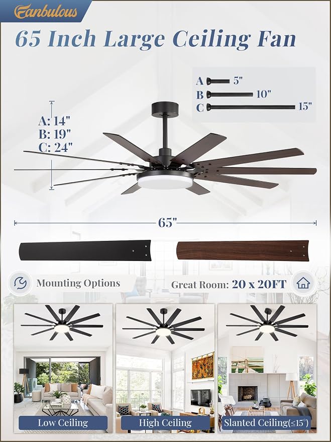 Fanbulous 65 inch Large Ceiling Fans with Lights and Remote, Outdoor Black Ceiling Fan with 10 Blades, 32W LED light 3 CCT, 6 Speed Reversible Quiet DC Motor, Modern Ceiling Fan for Living Room Patio