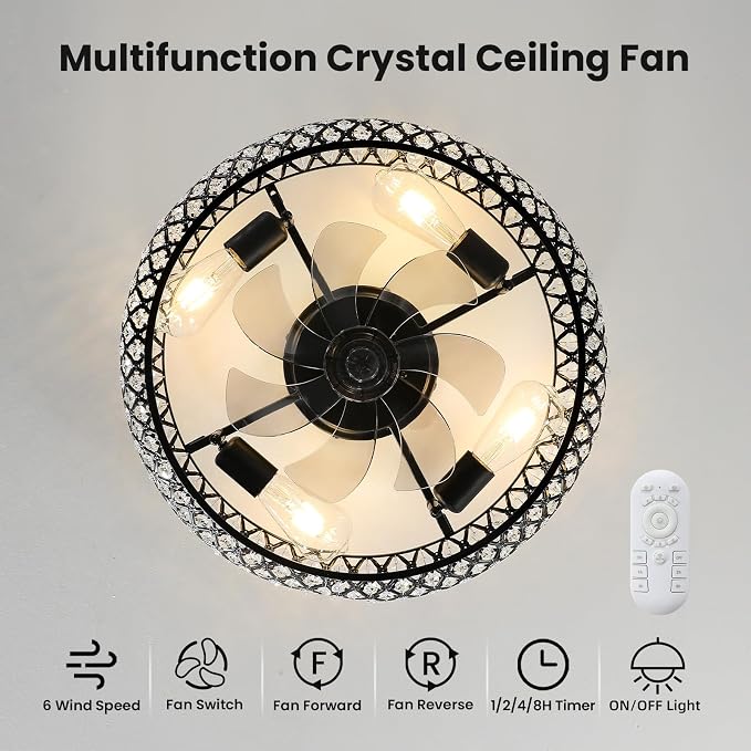 Crystal Caged Ceiling Fan Light: 20" Low Profile Fandelier Ceiling Fan Lights with Remote/Reversible 6 Speeds/Timer, Bladeless Flush Mount Chandelier Ventilador de Techo for Bedroom Living Room
