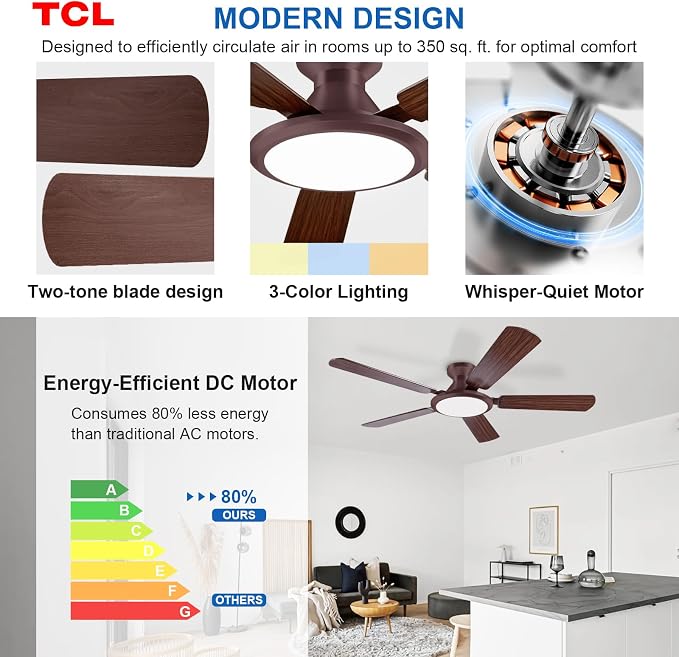 TCL 52" Ceiling Fan with Light: Wood Grain Blades Copper Bronze Finish Low Profile Ceiling Fan with Light and Remote Control Flush Mount DC Reversible Motor Noiseless 6 Speeds for Bedroom(Brown)