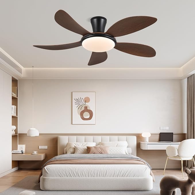 48"Brown Low Profile Flush Mount Ceiling Fans with Lights and Remote/APP | Supports Remote and APP, 6 Wind Speeds, Reversible, Dimmable 3 CCT LED, 30WNoiseless DC Motor,Timer, for Bedroom Kitchen