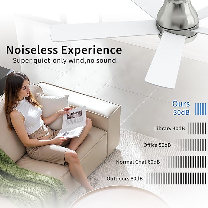 POCHFAN 52 Inch Brushed Nickel Ceiling Fans with Lights and Remote,LED Low Profile Flush Mount Ceiling Fan for Bedroom, Living Room,Patio,Quiet DC Motor,5 Blades