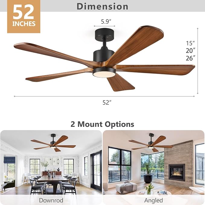 52 Inch Ceiling Fan with Lights and DC Motor by Remote Control,5 Reversible Solid Wood Blades,6-Speed Noiseless DC Motor, Modern Ceiling Fan for Indoor Bedroom Living Room Outdoor Patios