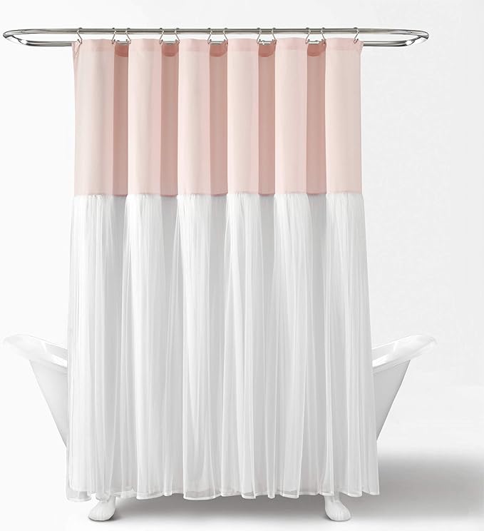 Lush Decor Tulle Skirt Colorblock Shower Curtain Single 72" W x 72" L Blush & White - Fabric Shower Curtains for Bathroom - Cute Bathroom Curtain (Pack of 6)