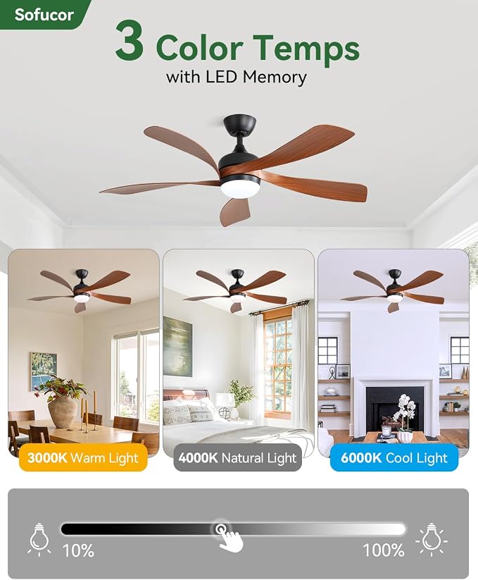 Sofucor 52 Inch Ceiling Fans with Lights and Remote, Outdoor Ceiling Fan with Light 6-Speed 3 CCT 3-Timer, Low Profile Ceiling Fan 5 Blade Reversible DC Motor for Living Room Bedroom Patio