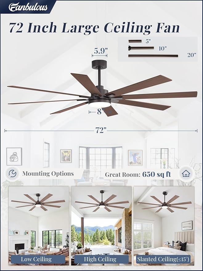 72 Inch Ceiling Fans with Lights and Remote, Dual-Sided Reversible Blades for Versatile Décor, Quiet DC Motor, 120° Wide-Angle Customized Brightness & 3CCT, Damp Rated for Indoor/Outdoor Use