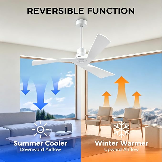 Obabala Ceiling Fan 52 Inch with Remote, Solid Wood Blades DC Motor 5000 CFM Quiet 35dB, Reversible 6 Speed Modern Farmhouse for Bedroom Living Room Indoor Outdoor, No Light with Downrod