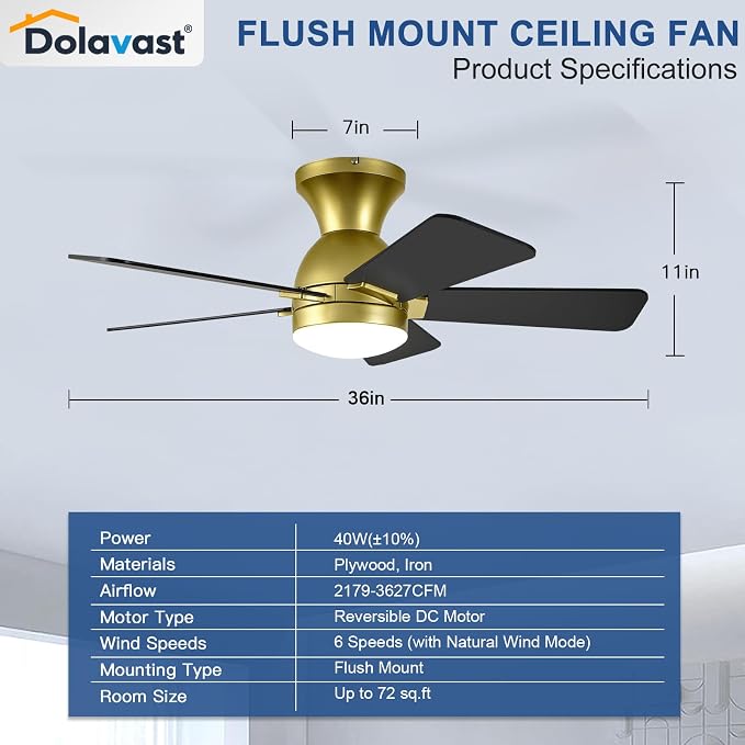 Ceiling Fans with Lights, 36 Inch Low Profile Ceiling Fan with Light and Remote Control, Flush Mount, Reversible, 3CCT, Dimmable LED, Quiet, Gold Ceiling Fan for Bedroom, Kitchen, Office