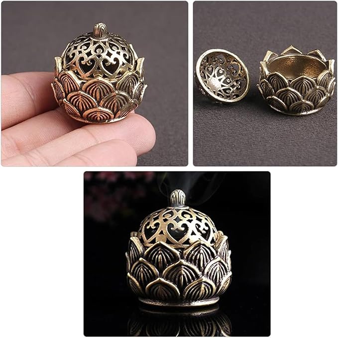 Gold Classic Incense Burner,Mini Lotus Cone Incenses Holder, 2.9 * 3cm Vintage Lotus Flower Shaped Incense Holder for Stick and Cone, Incense Holders
