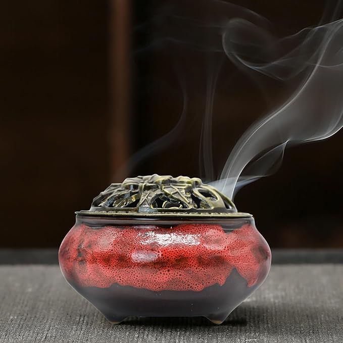 Ceramic Incense Burner with Lid, Incense Holder for Sticks Incense Cone Holder with Brass Incense Stick Holder for Yoga Meditation Home Decor (Fambe Red)