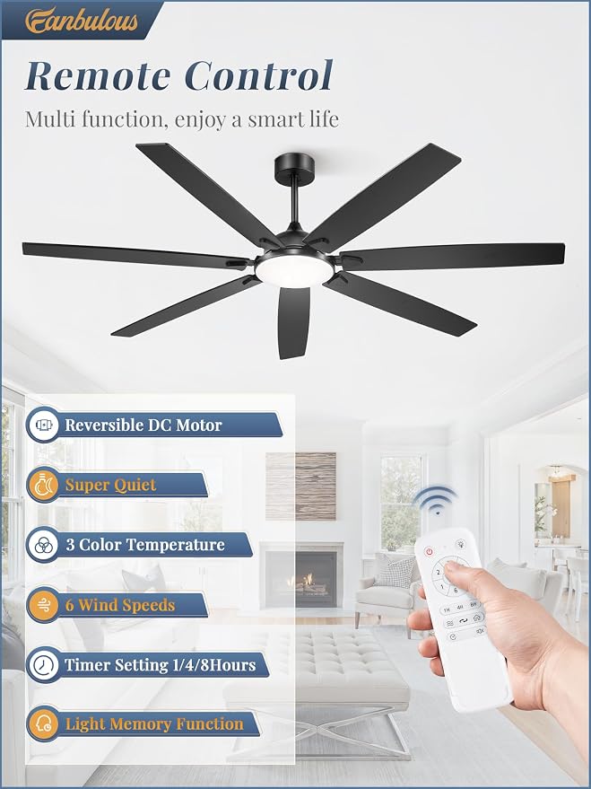 Fanbulous 72 Inch Large Ceiling Fans with Lights, Black Modern Ceiling Fan with Quiet DC Motor, 3CCT, Indoor/Outdoor Ceiling Fan with Dual Finish Reversible 7 Blades, Timer for Living Room, Patio