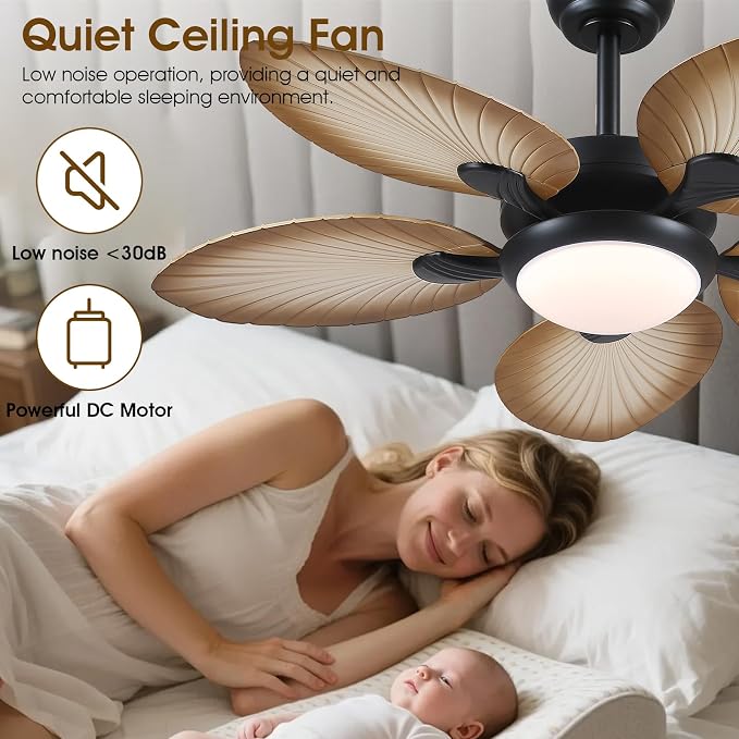 Wiviniya Tropical Ceiling Fans with Lights, 44 Inch Palm Leaf Outdoor Ceiling Fan with Light for Patios Porch Bedroom, Remote/APP Control, Reversible Quiet DC Motor, Dimmable LED, Wood Grain