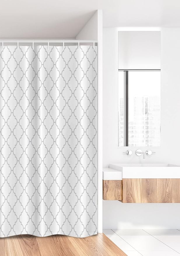 Ambesonne Grey Shower Stall Curtain with Hooks, Simple Monochrome Geometric Linked Forms on Plain Background, Hotel Quality Washable Fabric Modern Decor Set for Bathroom, 36" W x 72" L, White Gray