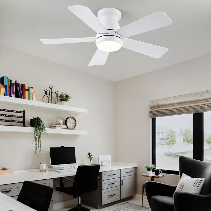 Hounberi 40" Low Profile Ceiling Fan with Light and Remote, Flush Mount White Modern Fan for Low Ceilings, Quiet Reversible Motor, 3-CCT Dimmable Lighting for Bedroom & Living Room