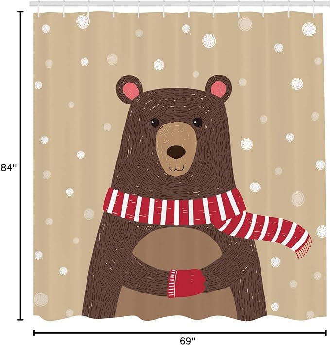Ambesonne Cartoon Shower Curtain, Bear Wearing Red Scarf Under Snow Winter Cold Weather Playroom Print, Cloth Fabric Bathroom Decor Set with Hooks, 69" W x 84" L, Brown Sand Brown