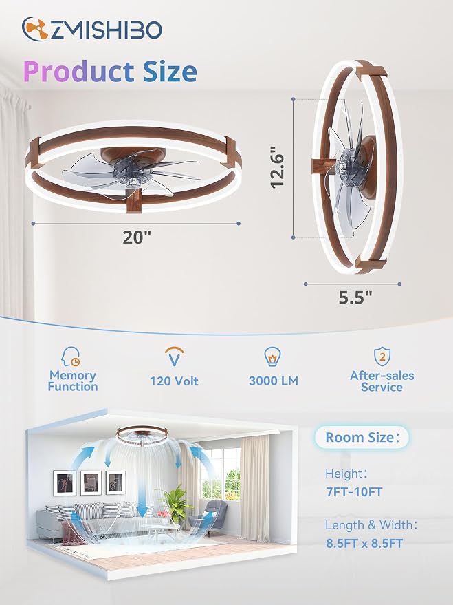 ZMISHIBO RGB Ceiling Fans with Lights and Remote, 20 inch Low Profile Ceiling Fan with Light, 3000K-6000K Dimmable & RGB, Modern Fandelier Flush Mount Ceiling Fan, Small LED Fan for Bedroom,Walnut