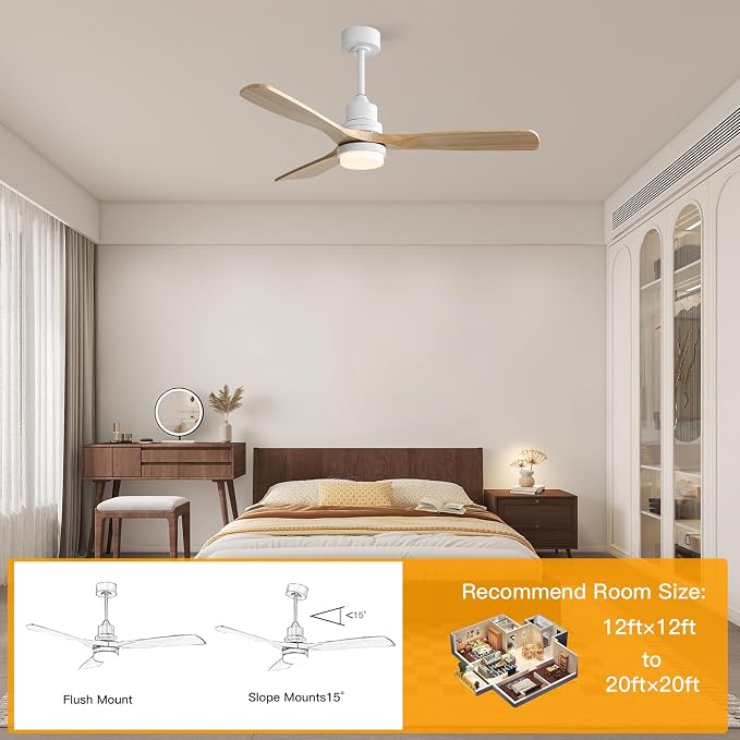 Sofucor Ceiling Fans with Lights, 52 Inch Modern Flush Mount Ceiling Fan with Remote, Low Profile Ceiling Fan for Bedroom Indoor Outdoor, 6-Speed 3 Blades Reversible DC Motor Dimmable Timer