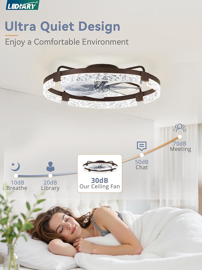 LEDIARY 24 Inch Low Profile Ceiling Fans with Lights and Remote, Flush Mount Fandelier Ceiling Fan, 3000K-6000K Dimmable LED Fan Light, Brown Modern Ceiling Fans with Lights for Bedroom