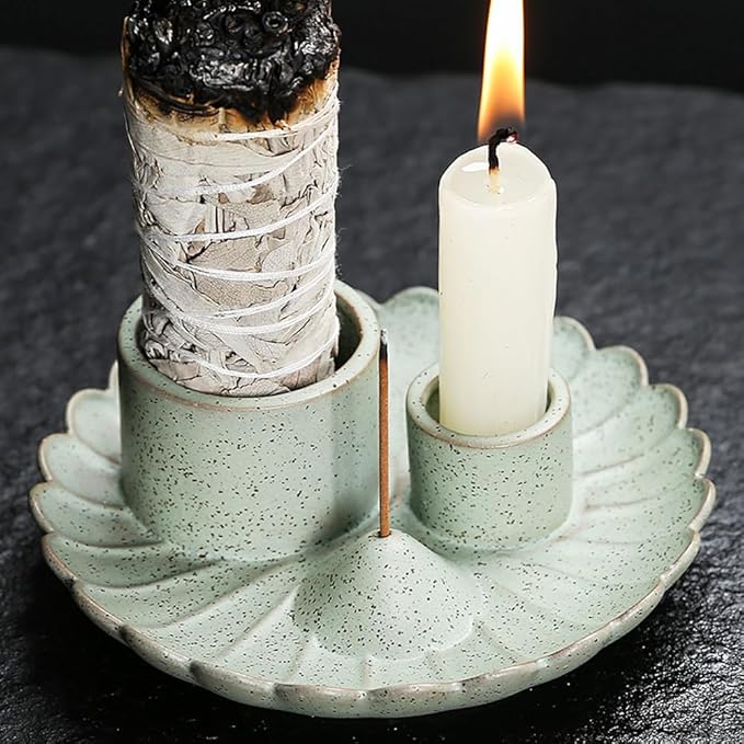 Sage and Palo Santo Candle Holder, Ceramic 4 in 1 Incense Burner Holder, Ash Catcher Tray for Home Office Meditatio Yoga Room (Art's Cyan)