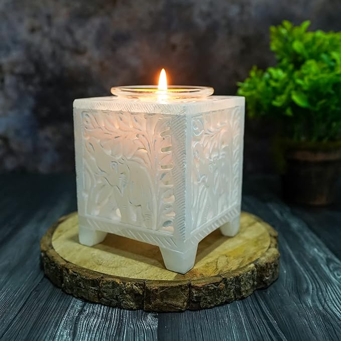 Crocon Marble Bakhoor Burner Incense Burner for Fragrance & Healing Square Charcoal Bakhoor Burner Handmade White Marble & Glass Bakhoor for Home & Living Room Office Decor Size: 2.9X2.9X3.5 Inch