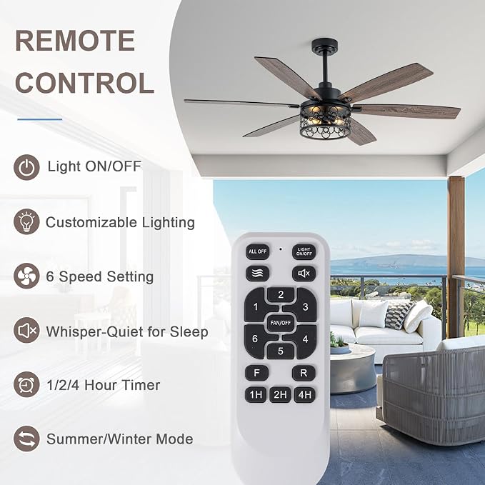 Bella Depot 60" Ceiling Fan with Light, Farmhouse Caged Chandelier Fan, Industrial Ceiling Fan Rustic Indoor Fandelier with Silent Motor for Dining Living Room Bedroom, (Bulbs not Included) (Black)