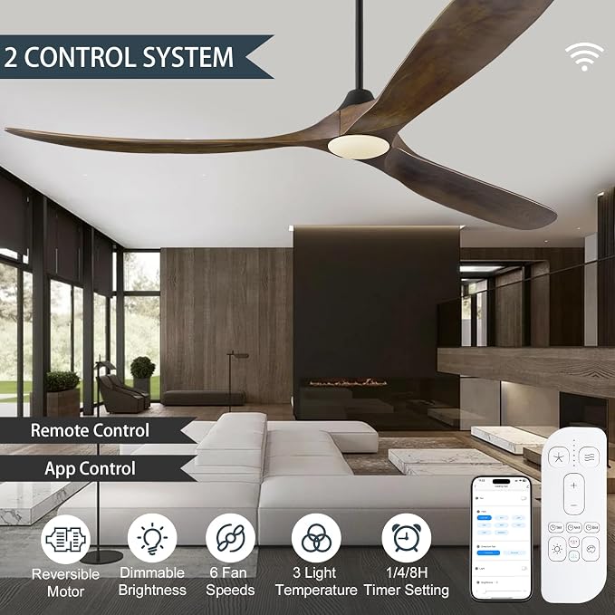 82 inch Large Ceiling Fans with Lights, Damp Rated Outdoor Ceiling Fan for Patios, 3 Wooden Propeller Blades, High CFM Smart Fan with Remote & APP & Alexa Control for Indoor Exterior Commercial