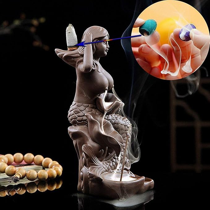 OTOFY Mermaid Ceramic Incense Holder Backflow Incense Burner with 10 Incense Cones Artwork Home Décor Figurine Aromatherapy Sculptures Fantasy Gifts (Mermaid)
