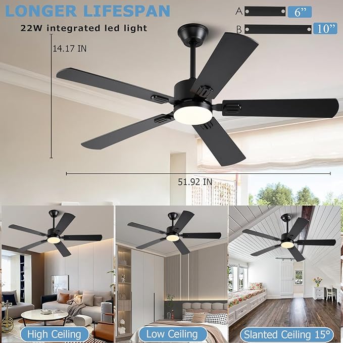 FUMLTP 52 inch Modern Ceiling Fans with Lights APP/Remote Control, Low Profile Reversible 6 Speeds Ceiling Fan Light for Indoor/Outdoor Patio Bedroom Living Room,Black
