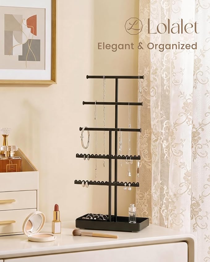 Lolalet 5-Tier Jewelry Organizer Stand, Metal Jewellery Holder, Dresser Display Rack for Necklace Earring Bracelets Rings, Gift for Women Girls -Black