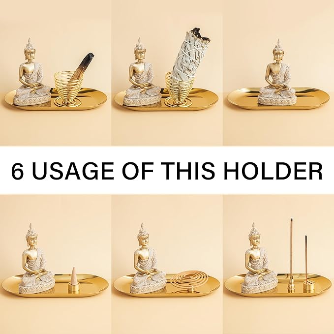 ZenBless 6 in 1 Incense Holder - Palo Santo, Buddha Statue, Sage & Incense Burner Holder for Sticks/Coil/Cones, Gold Oval Ash Catcher