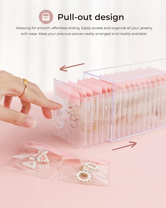 HOMEHIVE Clear Acrylic Jewelry Organizer Box with 20 Portable Pouches, Jewelry Storage Case for Women Girls, Tangle-Free, Anti-Tarnish, Compact Storage for Necklaces/Earrings/Rings, Upgraded Pink