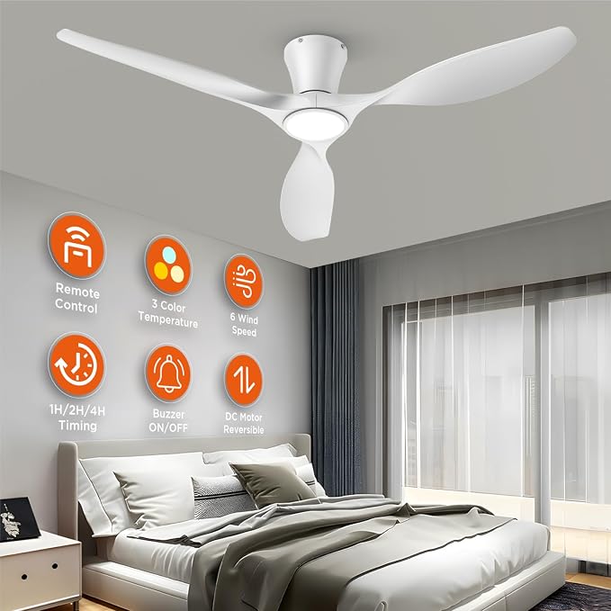 TALOYA 52 Inch White Ceiling Fans with Lights Led Remote Control Flush Mount Low Profile for Bedroom Farmhouse Patio Outdoor Living Room Kitchen Dining Room,DC Motor,Reversible