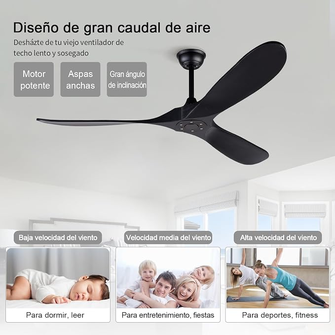 60 Inch Ceiling Fans without Lights, Black Ceiling Fans no Lights with Remote Control, 3 Solid Wood Blades, Indoor Outdoor Ceiling Fan for Patios Living Room