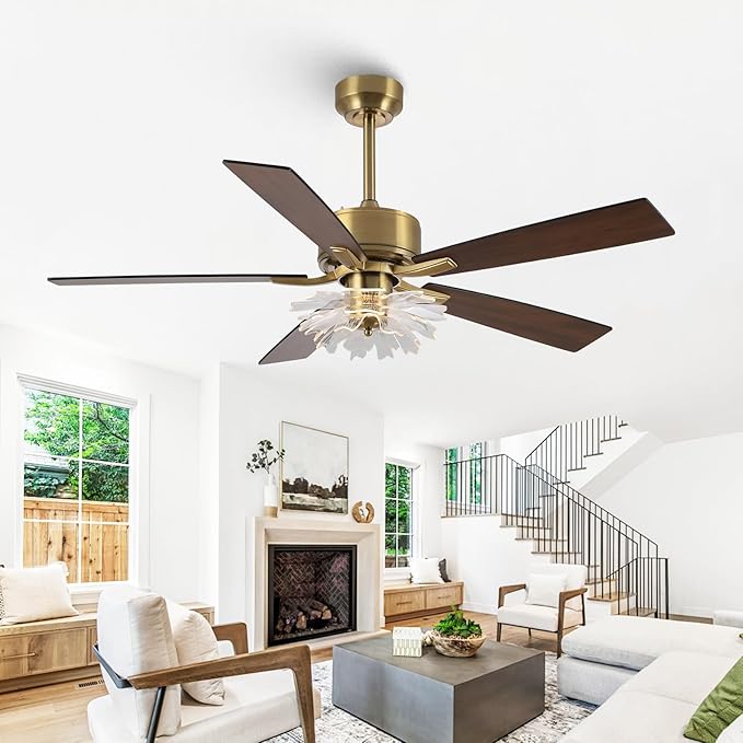 52 Inch Gold Ceiling Fans with Lights and Remote, Modern PS Petal Crystal Black and Gold Ceiling Fan for Bedroom Living Room Apartment 3CCT Dimmable Indoor Room Chandelier, 6 Speeds DC Motor