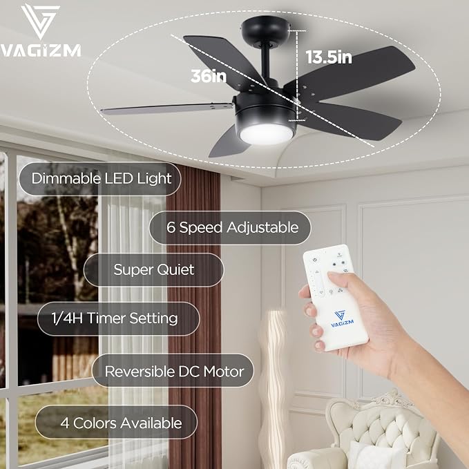 Ceiling Fan 36'' for Small Room Matte Black Modern Fans with Light Remote Control - Reversible Quiet DC Motor Dimmable with 6 Speeds for Bedroom Indoor Use